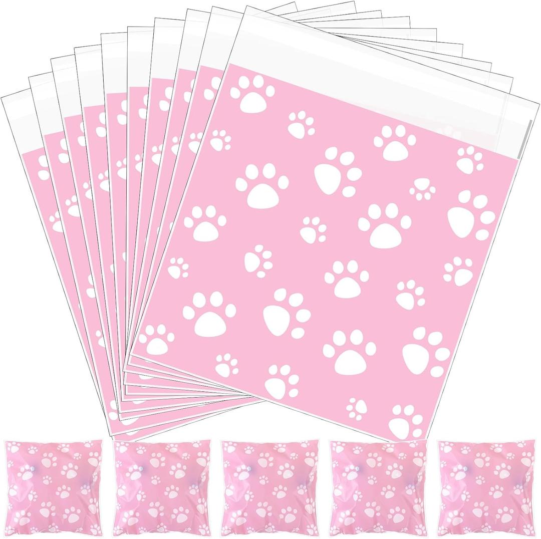 Pasimy 200 Pcs Paw Plastic Bags Pet Cellophane Bags Self-adhesive Clear Treat Pouches for Pet Dog Theme Party Supplies Decor(Pink)