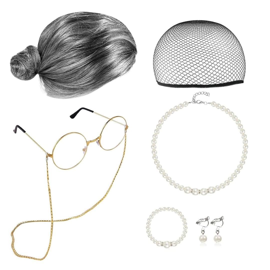 7pcs Halloween Old Lady Costume for Women Grandma Granny Wig Glasses Old People Cosplay for 100th Day of School Outfit