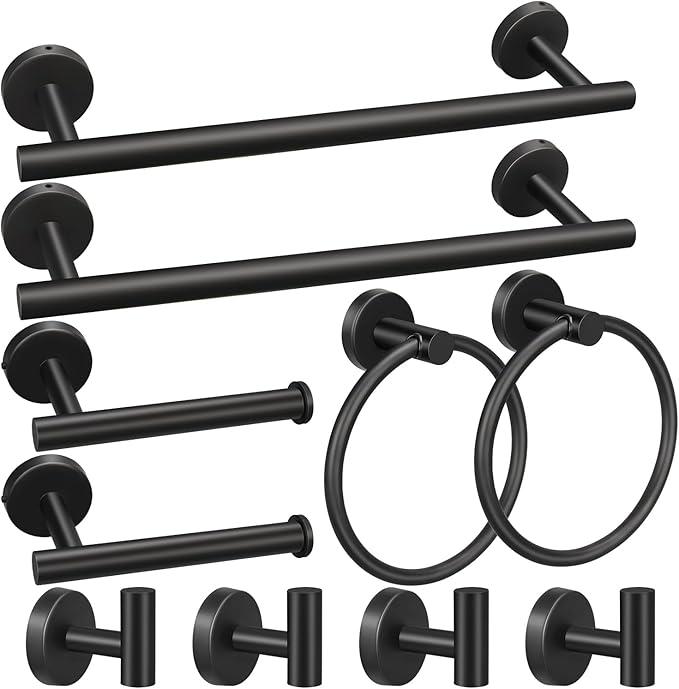 10pcs Matte Black Bathroom Hardware Set | Including 16" Hand Towel Bars, Toilet Paper Holders, Towel Rings, Towel Hooks