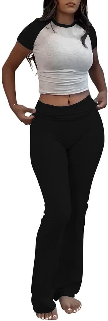 ZFLM Casual Workout Two Piece Outfits for Women Short Sleeve Crop High Waist Foldover Flare Pants Tracksuit Sets Streetwear (Small, Gry+black)