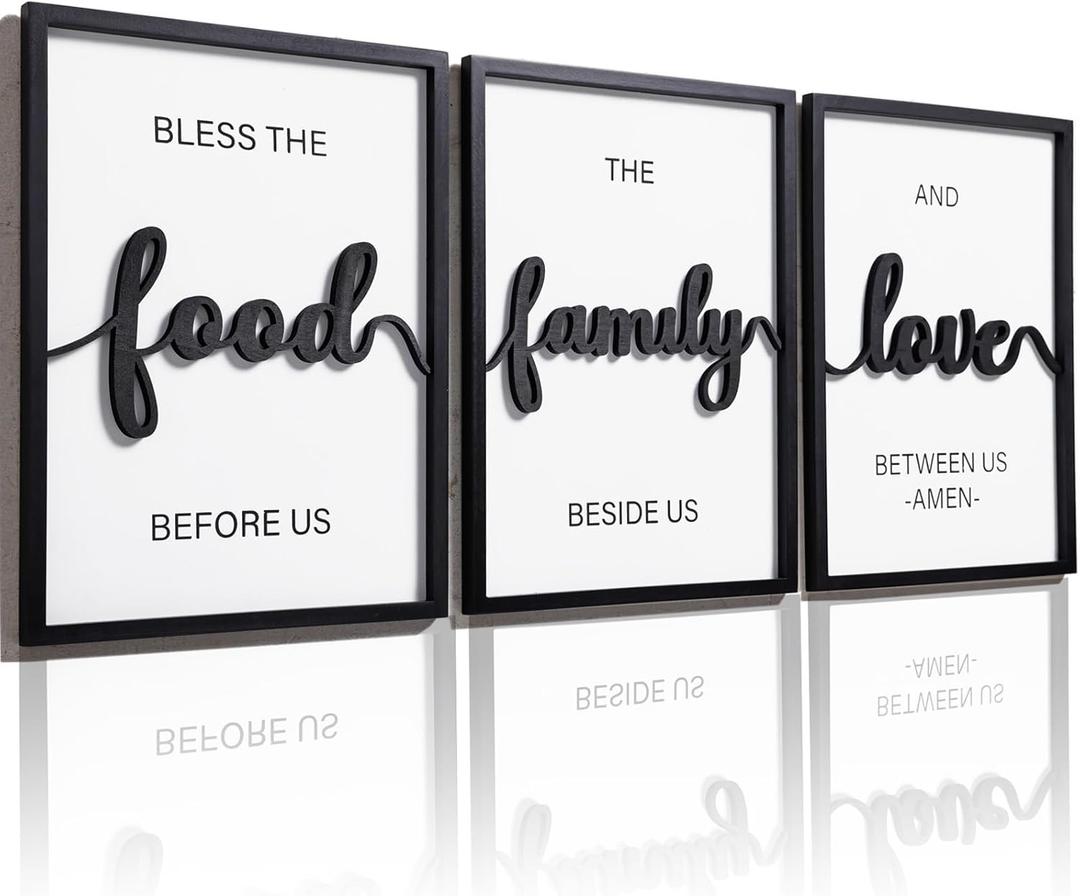 3D Wood Bless The Food Before Us Wall Decor, 36" x 16" Framed Kitchen Wall Art for Dining Room Wall Decor(Ready to Hang, 12x16 inches, Set of 3, Framed)