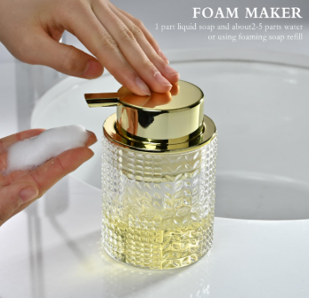 CICUFY Foaming Glass Soap Dispenser,Hand Foam Soap Dispenser for Kitchen & Bathroom-1 Pack（B-Type Clear Glass/Gold Pump）