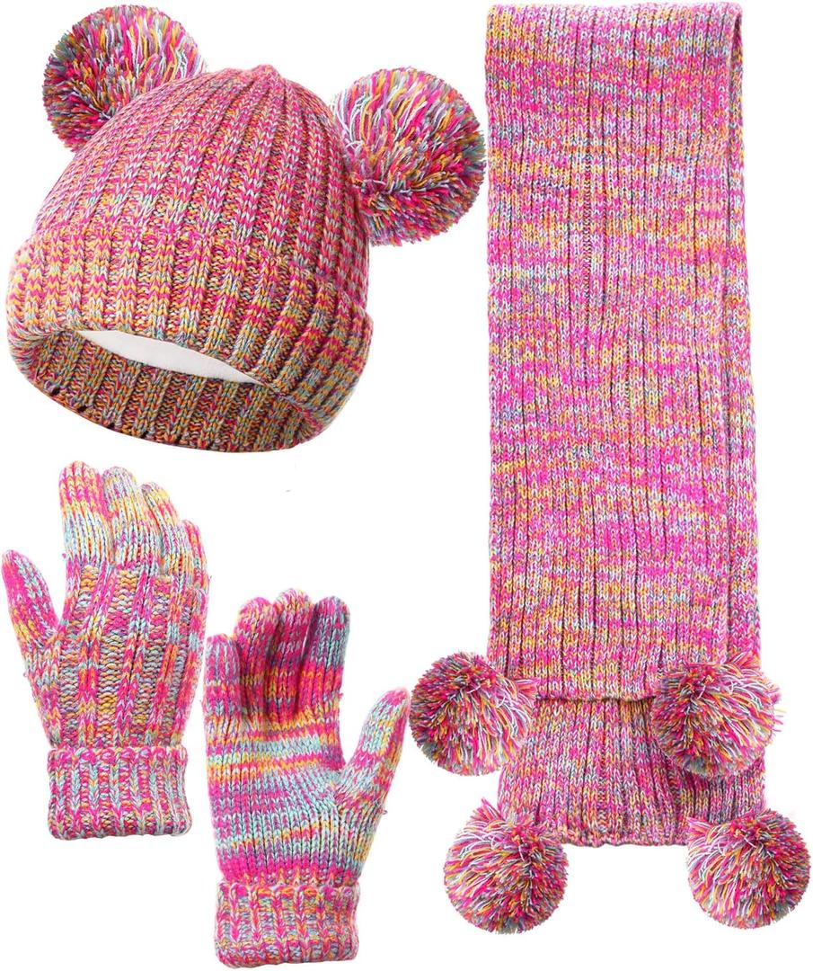 Geyoga 3 Pcs Kids Winter Hat Gloves Scarf Set for Age 2-8 Yrs Boys Girls Winter Toddler Warm Fleece Lined Hat Scarf Gloves (Rainbow Mix)