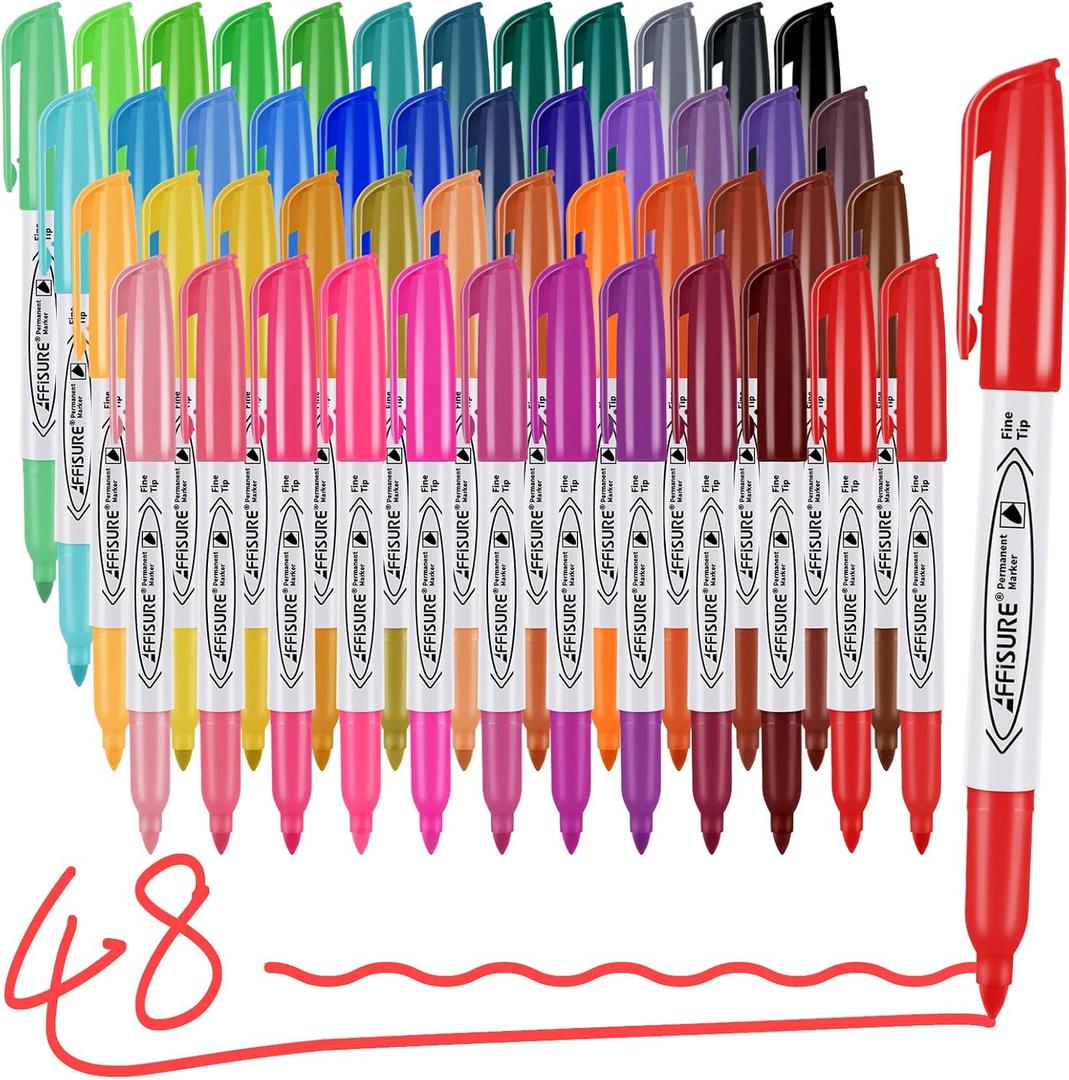 Affisure 48 Colors Permanent Markers, Assorted Colors Vibrant Markers, Fine Point，Works on Wood, Plastic, Metal, and More, for Adults, Artist, Teacher, Kids, 48 Pack