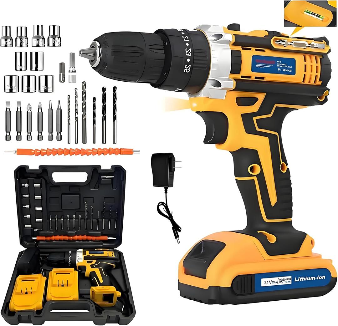 21V Cordless Drill Set with 2 Batteries & Charger, 27-Piece Accessory Kit, Heavy Duty Brushless Impact Driver for Home Improvement, Woodworking, Construction