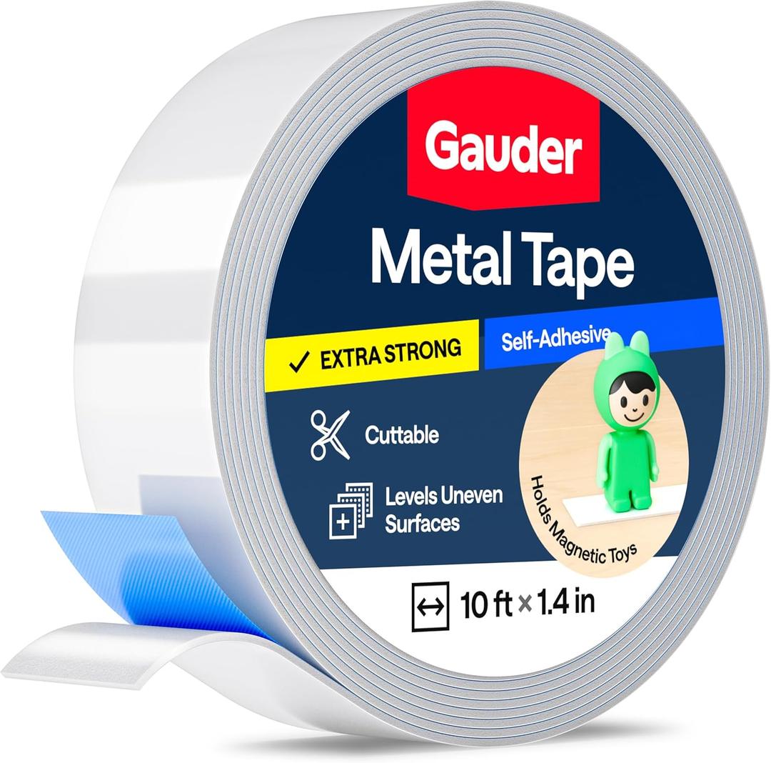 GAUDER Self-Adhesive Metal Tape - Ideal for Tonie Figures & Shelves - Holding Surface for Magnets - Ferrous Tape with Foam Adhesive - Thin Metal Steel Strip (10 ft x 1.4 in)