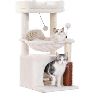 Cat Tree 32 Inches Small Cat Tree for Large Cats Adult Cat Tower with Scratching Post,15.7”Large Hammock and Self Groomer, and Removable Top Perch and Wide Condo for Indoor Cats-Beige