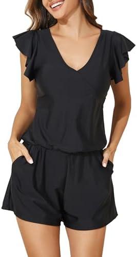 Smismivo Swim Romper with Built in Bra and Pockets Swim Dress Modest One Piece Swimsuit Full Coverage Bathing Suit, Size: XL