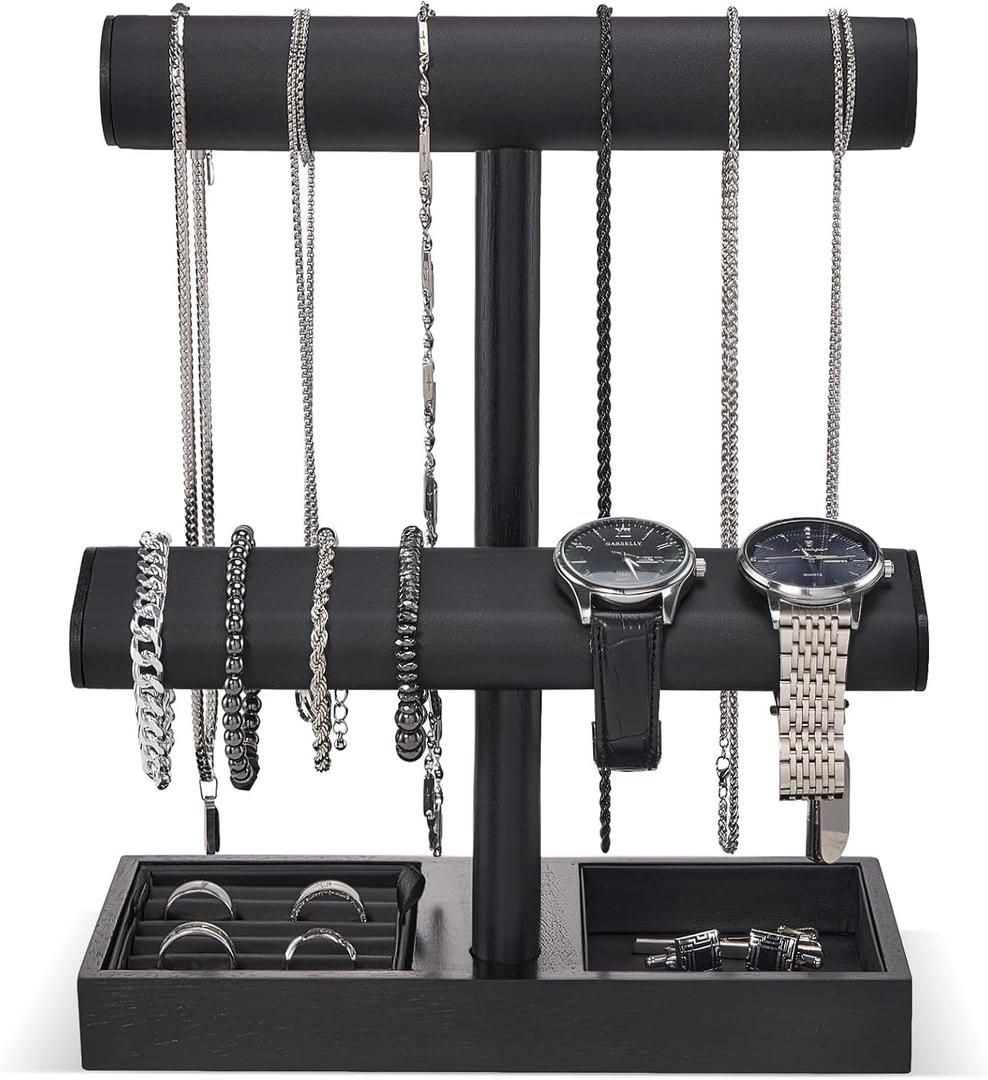 ProCase Watch Holder Stand for Men, Fathers Day Gift for Dad Father Husband Boyfriend, Wood Jewelry Display Rack, Necklace Hanger Organizer for Chains Bracelets Rings -Black