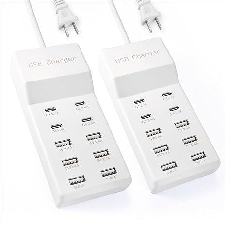 USB Charging Station with 6 USBA & 4 USBC Ports, 50W 10A USB Charging Block for Smart Phone, Tablet, Laptop, Multiple Devices  USB Power Strip with AutoDetect Technology (2 PCS)