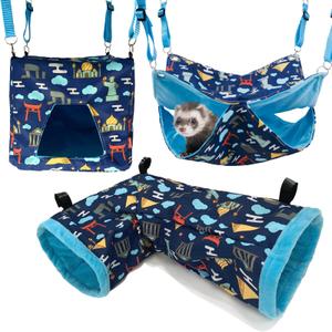 Ferret Hammock Set for cage Cage Accessories 3 Style,Ferret Double Hammock or Square House and Tunnel Bed for Guinea Pig Toy(Blue)