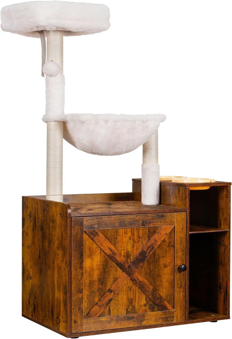 Hey-brother Cat Tree with XL Litter Box Enclosure, All-in-one Cat Tower for Indoor Cats with Large Hammock, Bed, Food Station, Scratching Posts, Modern Style Pet Furniture, Rustic Brown MPJ101SR (L (28.3"17.7"48.0"))