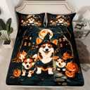 Cartoon Corgi Kids Fitted Sheet Full Size,Pumpkin Witch Hat Castle Halloween Theme Bedding Set,Boys Girls Room Decor,Cute Animal Rustic Bed Cover,Black Trippy Bed Sheet,2 Pillowcases (FULL (W54*L75*H16"), Dark Orange Black)