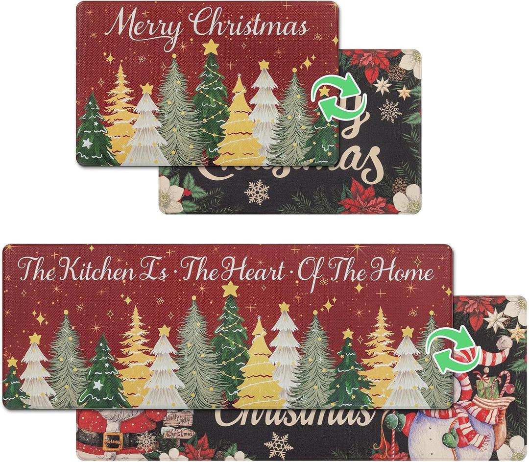 Christmas Kitchen Rugs Sets of 2, Red Christmas Tree & Black Santa - Snowman Double-Sided Print Kitchen Anti Fatigue Mat, Porch Decor Non Slip Door Mat 17x29 and 17x47 Inch