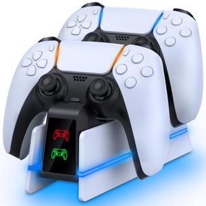 PS5-Controller-Charger-Station - Charging Station for PlayStation 5 Dualsense/Edge Controller with 9 Color Led Light, Fast Charging Dock & Holder Charger Stand for PS5/Slim/Pro Remote Accessories (White and Black P28)