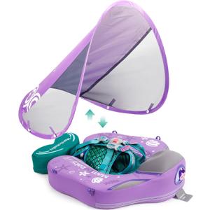 Mambobaby Float Upgrade Add Tail Baby Float with Canopy for Infant Waist Swimming Ring Swim Trainer Non-Inflatable Floats Toys with Adjustable Safety Strap (Purple Mermaid), Medium