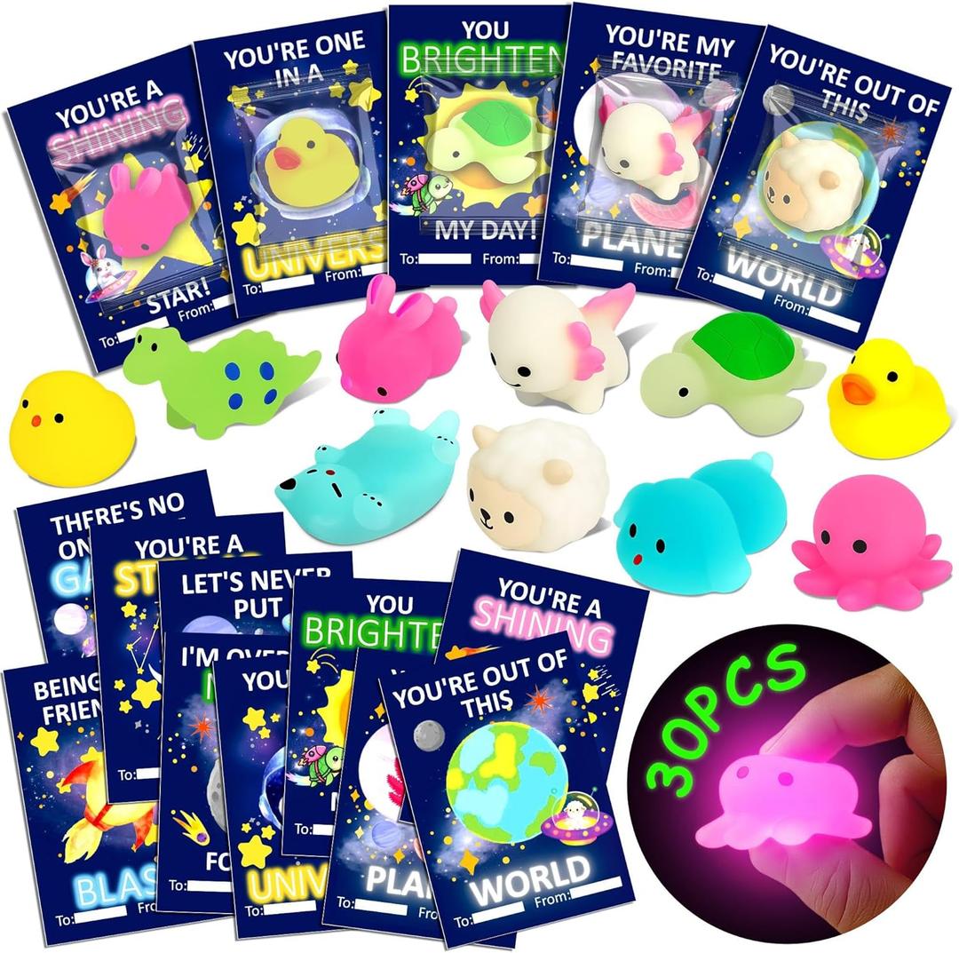 Valentine Day Cards for Kids Classroom  30PCS Cute Squishy Valentines for Class with Mochi Squishies Valentines, Glow in the Dark Valentine Party Favors, Perfect Valentine Gifts for Kids Classroom