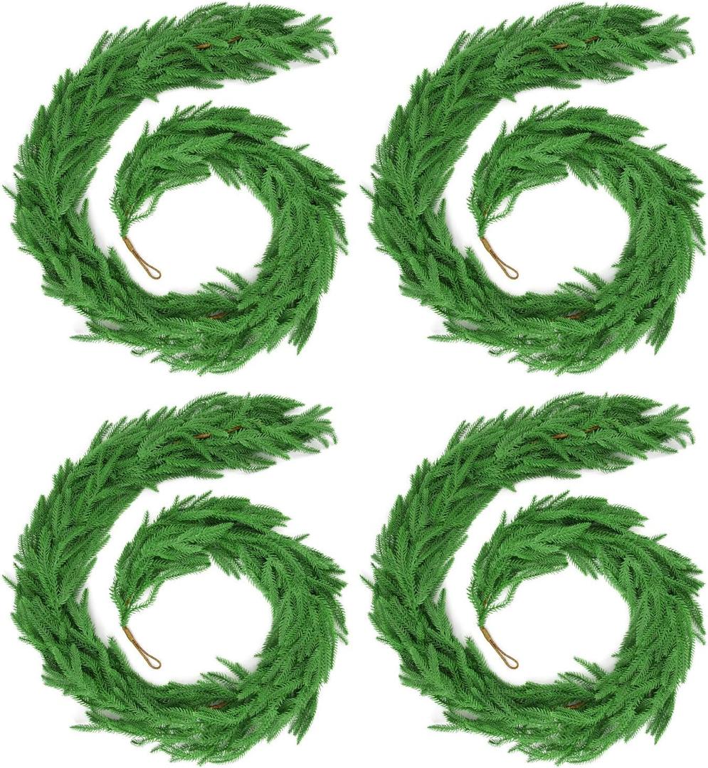 24 FT (4 * 6FT) Christmas Norfolk Pine Garland, Real Touch Dense Faux Greenery Garland for Mantle, Table, Wall, Indoor & Outdoor Christmas Decorations