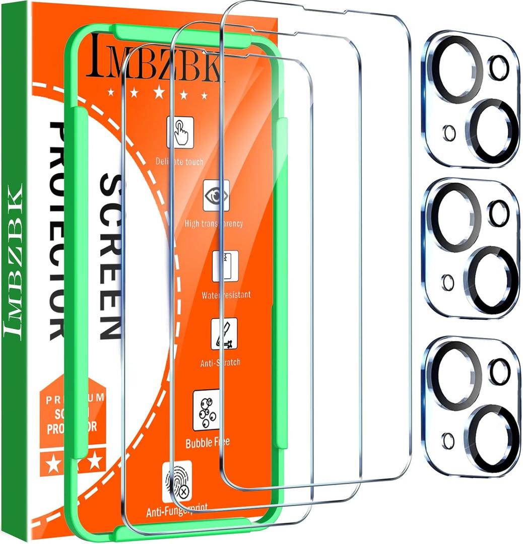 5 x IMBZBK 3 Pack Screen Protector for iPhone 14 Tempered Glass with 3 Pack Camera Lens Protector, Accessories 9H Anti Scratch for Apple 14, 2.5D Curved, Case Friendly, Transparent
