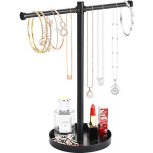 bodkar Jewelry Necklace Organizer Stand,12.9" Tall Sturdy Metal Jewelry Stand with Round Tray for Bracelet Bangles Holder Display,Long Necklace Organizer Holder (black)