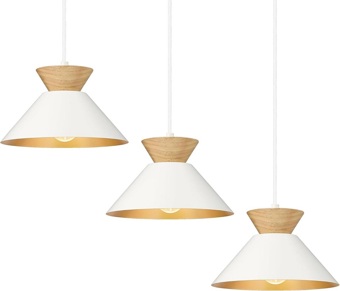 ELYONA 3 Pack Modern Pendant Light Fixtures Solid Wood Ceiling Hanging Lamp Matte White Metal & Gold Inner Finish Nordic Pendant Light for Farmhouse Kitchen Island Dining Room Bedroom Living Room