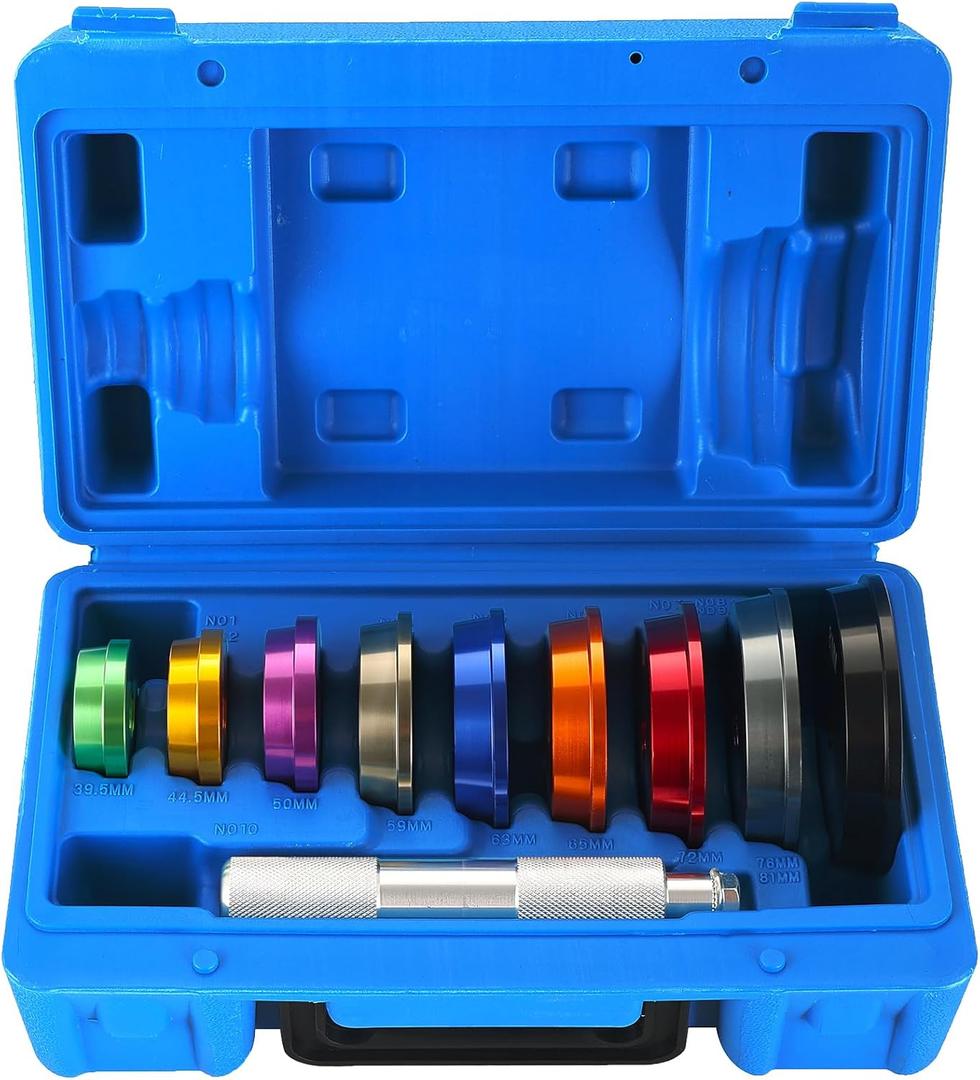 Bearing Press Kit | 10pc Bearing Race and Seal Driver Set with a Driver Handle and 9 Discs Collar Axle Housing, Universal Tool for Bearing Races and Seals in Automotive Wheel Hubs