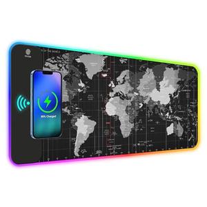 ToLuLu RGB Gaming Wireless Charging Mouse Pad, 5/7.5/10/15W 10 Light Modes LED Mouse Pad Computer Keyboard Mat Mousepad, 800x300x4MM Extended Large Desk Mat for Gaming, MacBook, Laptop, PC,World Map