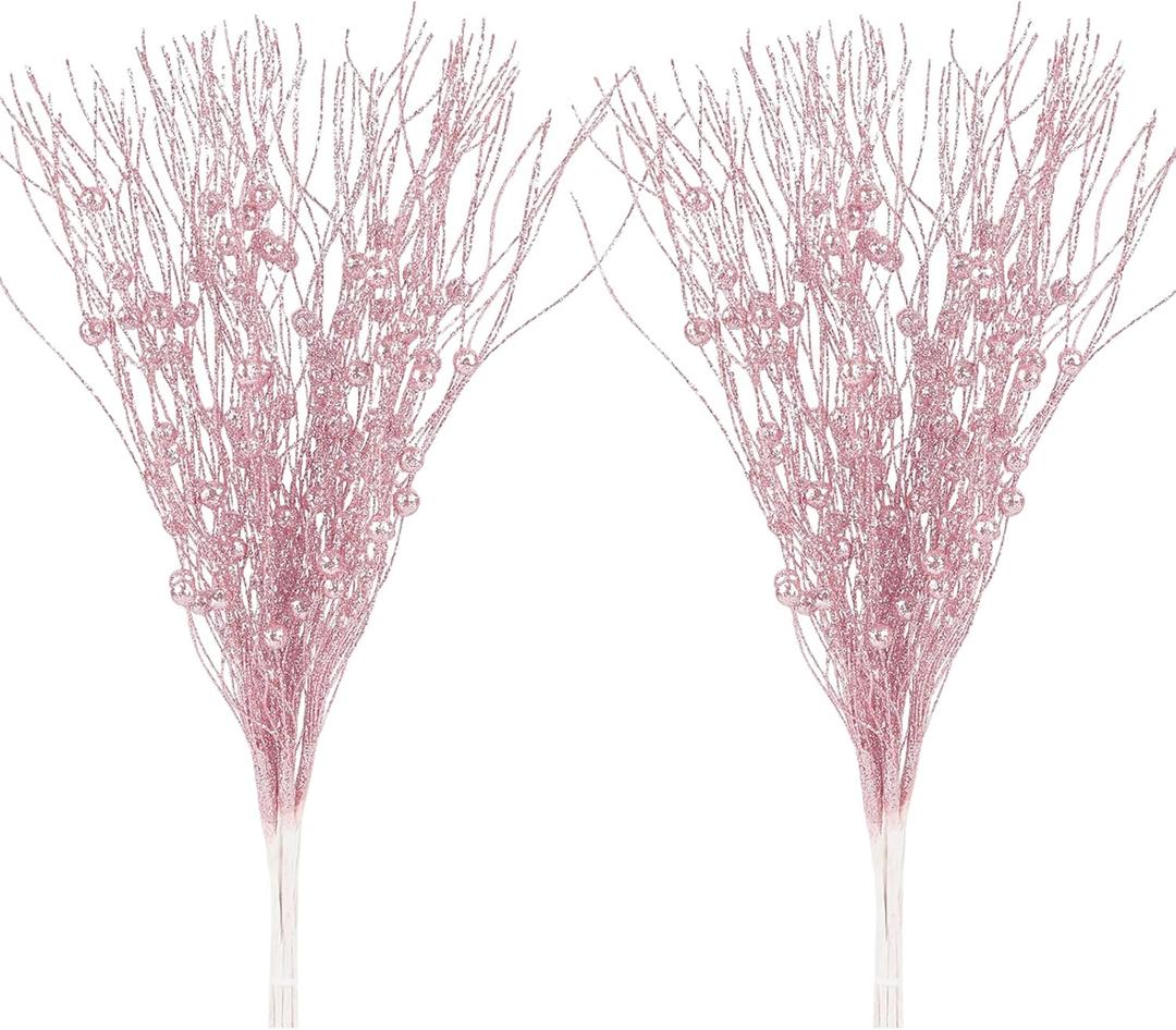 Artificial Glitter Berry Stem Ornaments, 10 Pack Decorative Bead Sticks, Christmas Picks, Glittery Twigs Branches for Christmas Tree DIY Wreath Crafts Vase Filler Home Decor (Pink, 10 PACK)