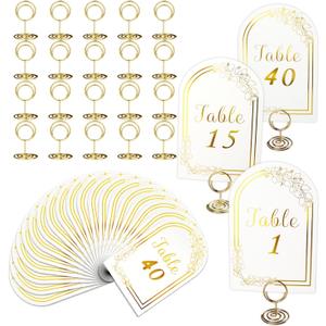 Wedding Table Numbers 1-40, 40 White Gold Cards with 40 Gold TableNumber Holders for Wedding Reception(Card and Holder)