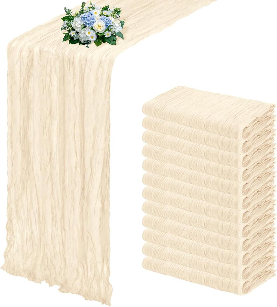 12 Pack Ivory Cheesecloth Table Runner 17x108 Inch Semi Sheer Boho Gauze Cheese Cloth Fabric Table Runners, for Wedding Party Baby Shower Birthday Home Decor Garden Farmhouse