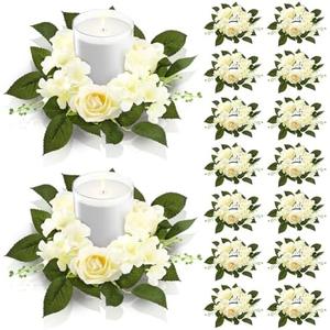Jutom 12Pcs Wedding White Rose Candle Rings 3.94'' Inner Diameter Artificial Floral Wreaths with Green Leaves Floral Rings for Centerpieces for Pillar Candleholders Wedding Centerpiece Table Decor