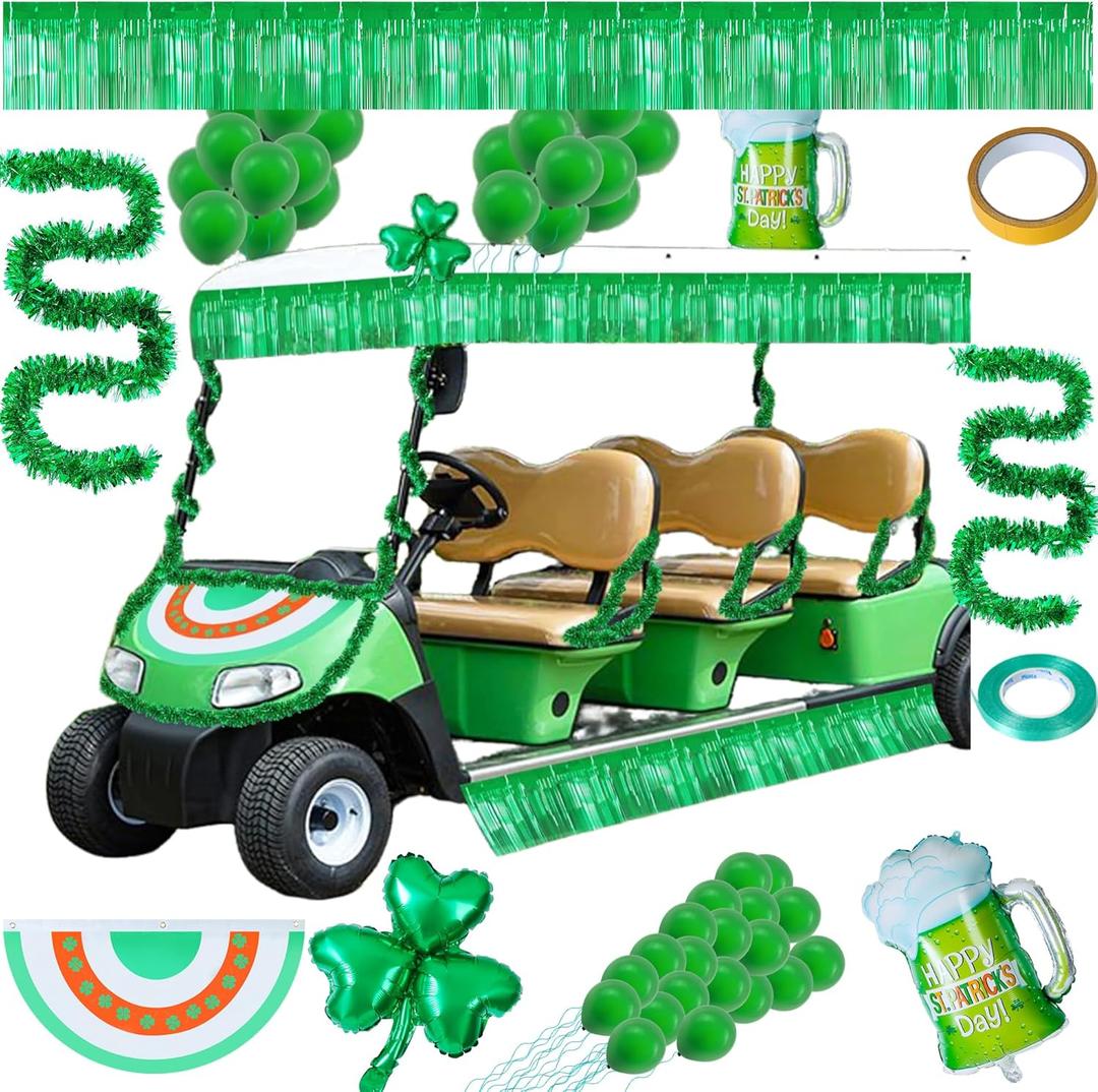 St. Patrick's Day Golf Cart Decoration Kit with Clover Balloon Fan-Shaped Flag Green Tassel Curtains Wine Glass Garlands Green Ribbon Double-Sided Tape for Golf Cart Irish Parade Float Party Decor