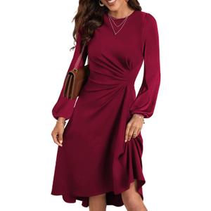 Happy Sailed Women's Long Sleeve Ruched Waist Flowy A Line High Low Midi Cocktail Party Dress (Burgundy, XL)