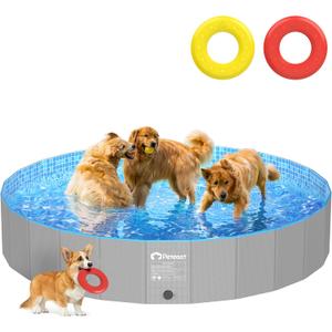 Peteast Foldable Dog Pool with 2 Flying Disks, Durable Hard Plastic Dog Swimming Pools for Large Dogs, Collapsible Pet Pool for Backyard & Indoor, Ideal Kiddie Pools for Dogs and Kids, 87 in