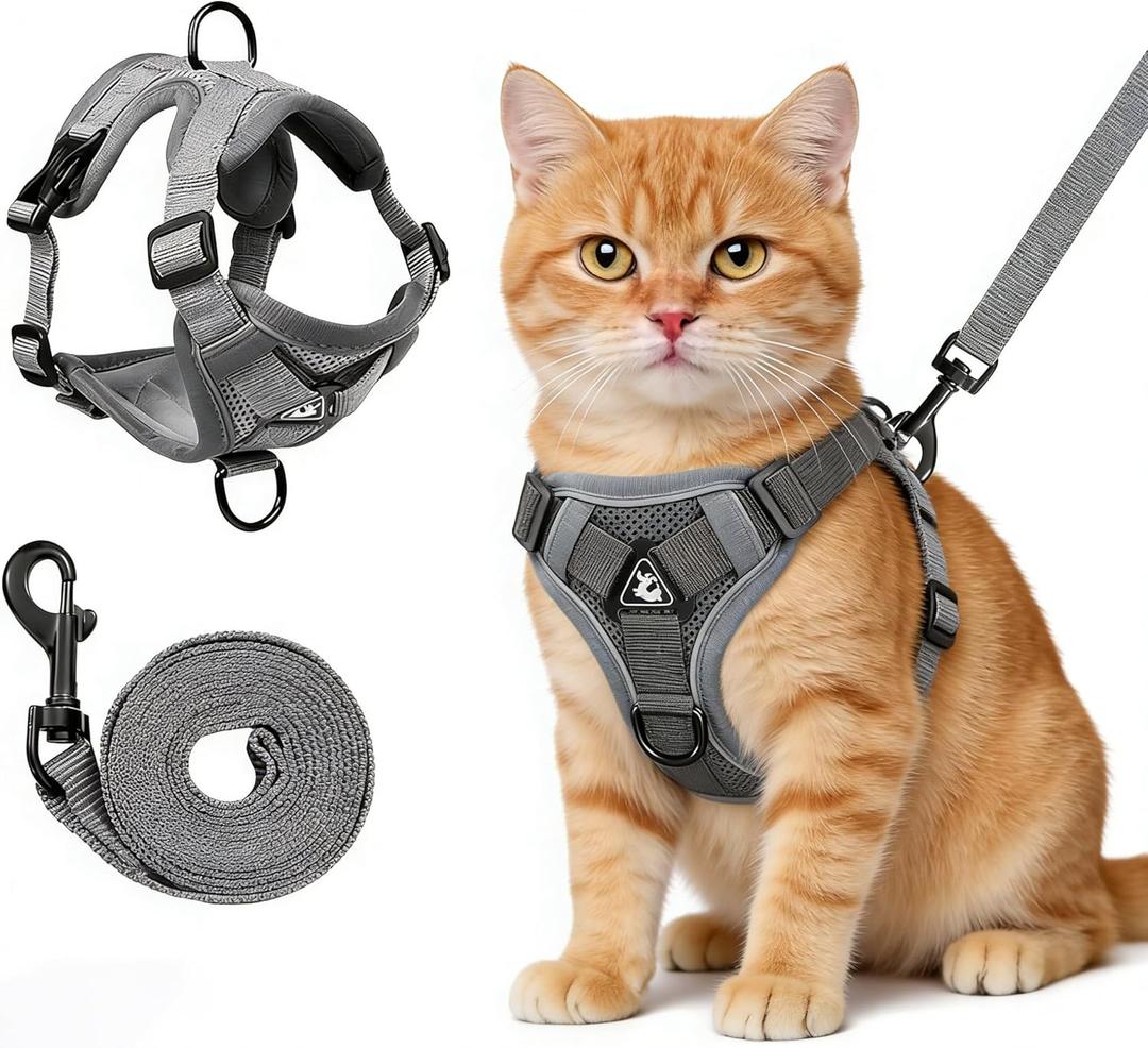 Cat Harness and Leash for Walking, Escape Proof Soft Adjustable Vest Harnesses for Cats (Large, Grey)