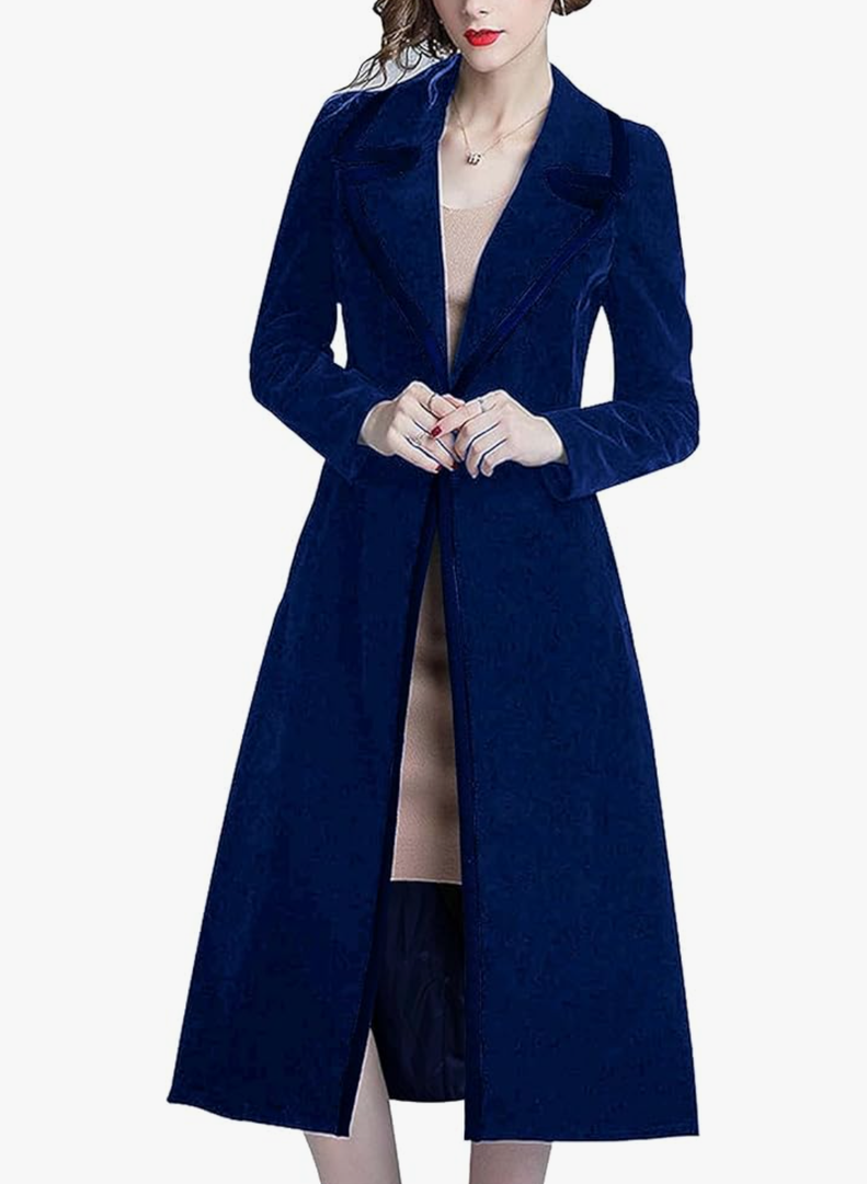 Omoone Women's Slim Notch Lapel Long Vintage Velvet Trench Coat Dress,S