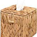 PINXIURY Tissue Box Cover Square Handwoven Rattan Tissue Box Holder, Natural Handmade, Boho Decorative Handcrafted Square Facial Tissue Holder with Lid, Rustic Decorative on Table and Bathroom, Office (Single)