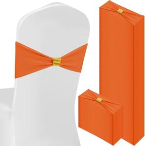 Hahafelt 100 Pcs Spandex Chair Sashes Bows with Rhinestone Ring Buckle Slider Elastic Universal Bowknot Chair Cover Bands Ties for Wedding Banquet Ceremony Event Party Decoration(Orange)