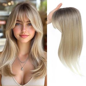 18 inch Hair Topper for Women with Bangs 3D 360° Cover Fluffy Toppers Synthetic Long Straight Thinning Hair Pieces for Women Clip in Bangs with Topper Rooted Ash Blonde Mix Platinum