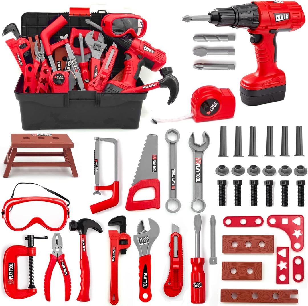 Kids Tool Set  48 Piece Toddler Tool Set with Electronic Toy Drill& Tool Box,Pretend Play Toys for Kids,Construction Kits Toys for Kids Ages 3 4 5 Years Old, Toddler Boy (Red)