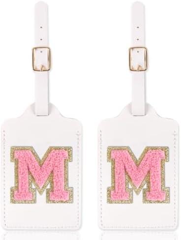 Personalized Initial Luggage Tags for Suitcases with Chenille Letter, Cute Leather Luggage Tag Monogrammed Tags for Baggage Bag Travel Gifts for Women Kids Teens(White_M) Pack of 4