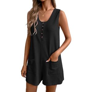 Ekouaer Women Rompers Waffle Summer Overalls Shorts Loose Jumpsuit with Pockets Casual 2025 Beach Outfits Vacation Clothes, L/XL, Black