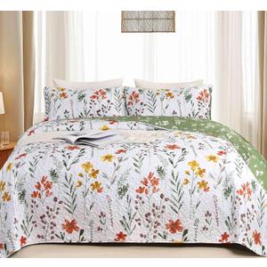 Nanko Quilt Set King Size 3 Pcs, White Floral Green Red Yellow Flower Leaf Spring Bedspreads, Soft Lightweight Coverlet Bed Spreads, Farmhouse Thin Quilted Comforter Bedding Sets for Women Men, 104x90