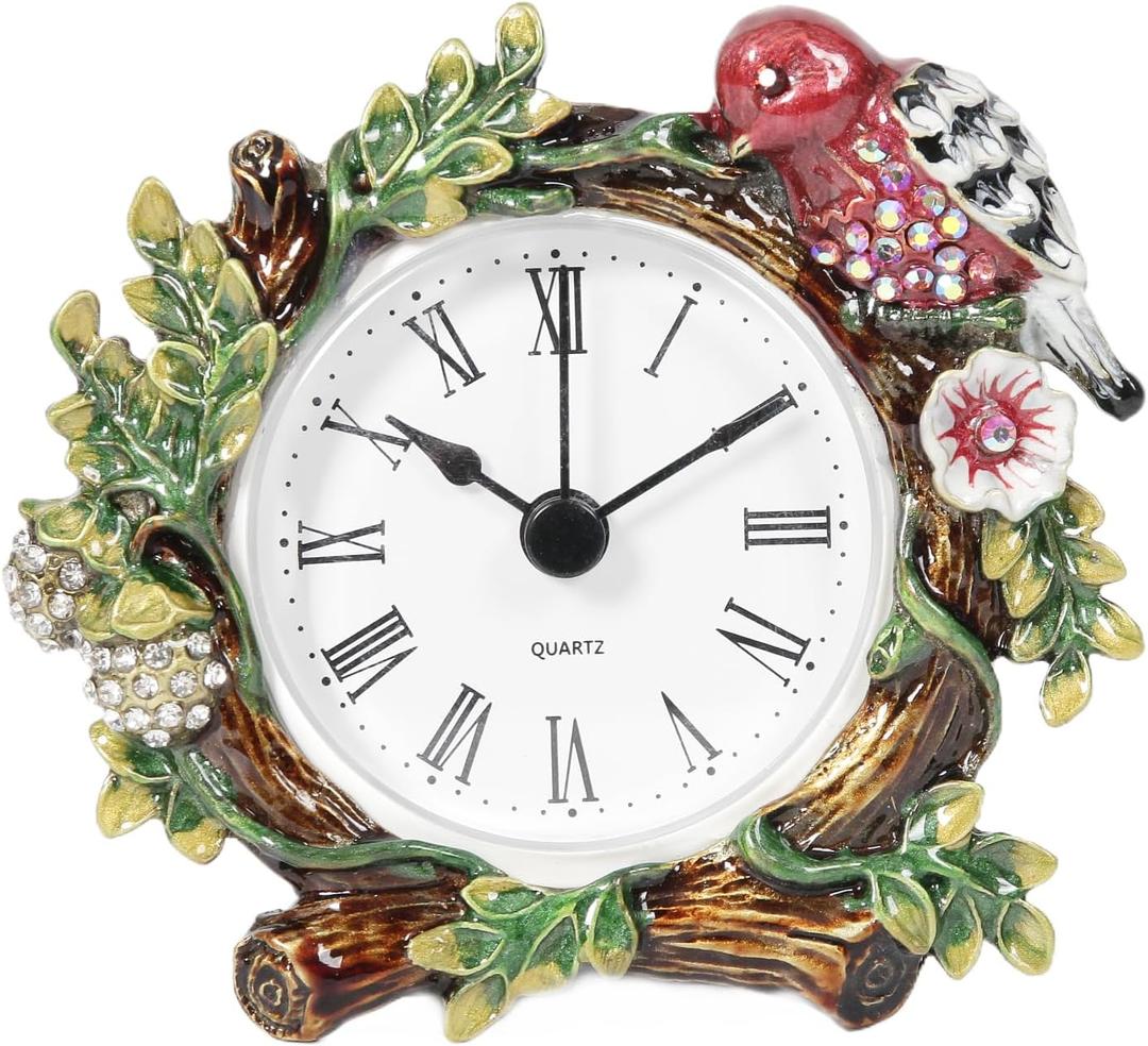 Mini Tabletop Clock, Decorative Vintage Floral Metal Table Clock with Battery Operated for Bedside, Table, Living Room, Home and Office (Burgendy With Green)