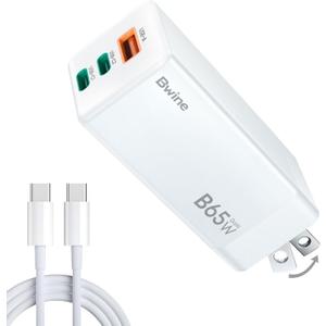 Bwine 65W USB C Charger, 3-Port Fast Charging Block, GaN Wall Charger with 4 ft USB-C Cable, Compatible with iPhone 17/16,Galaxy S25,Drone, iPad and More,White