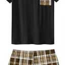 Ekouaer Women's 2Piece Pajama Set Short Sleeve Sleepwear PjTop and ShoPjs Brown Plaid, XXL