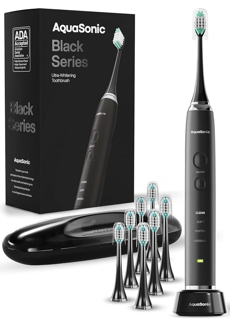 Aquasonic Black Series Ultra Whitening Toothbrush  ADA Accepted Electric Toothbrush- 8 Brush Heads & Travel Case  40,000 VPM Electric Motor & Wireless Charging - 4 Modes w Smart Timer
