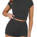BARASA Women's Two Piece Stretchy Tracksuit Sets Casual Short Sleeve T Shirt Workout Set 2026 Summer Solid Slim Fit Cute Shorts Outfits D073 Dark Grey S (S)