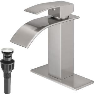 VOTON Waterfall Bathroom Faucets Brushed Nickel Modern Single Handle Sink Faucet for 1 or 3 Holes with Deck Plate and Pop-Up Drain, Rv Sink Camper Farmhouse Faucet (Regular version: 7.5 inches in height)