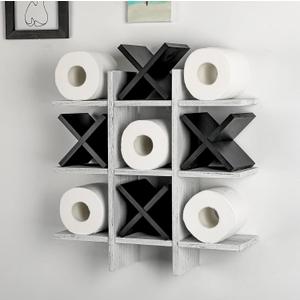 Weysat Tic Tac Toe Toilet Paper Holder Stand Bathroom Wall Decor Rustic Wooden Hanging Storage Freestanding Wall Mounted Shelves Decor for Toilet Tissue Farmhouse (Retro White, Black)